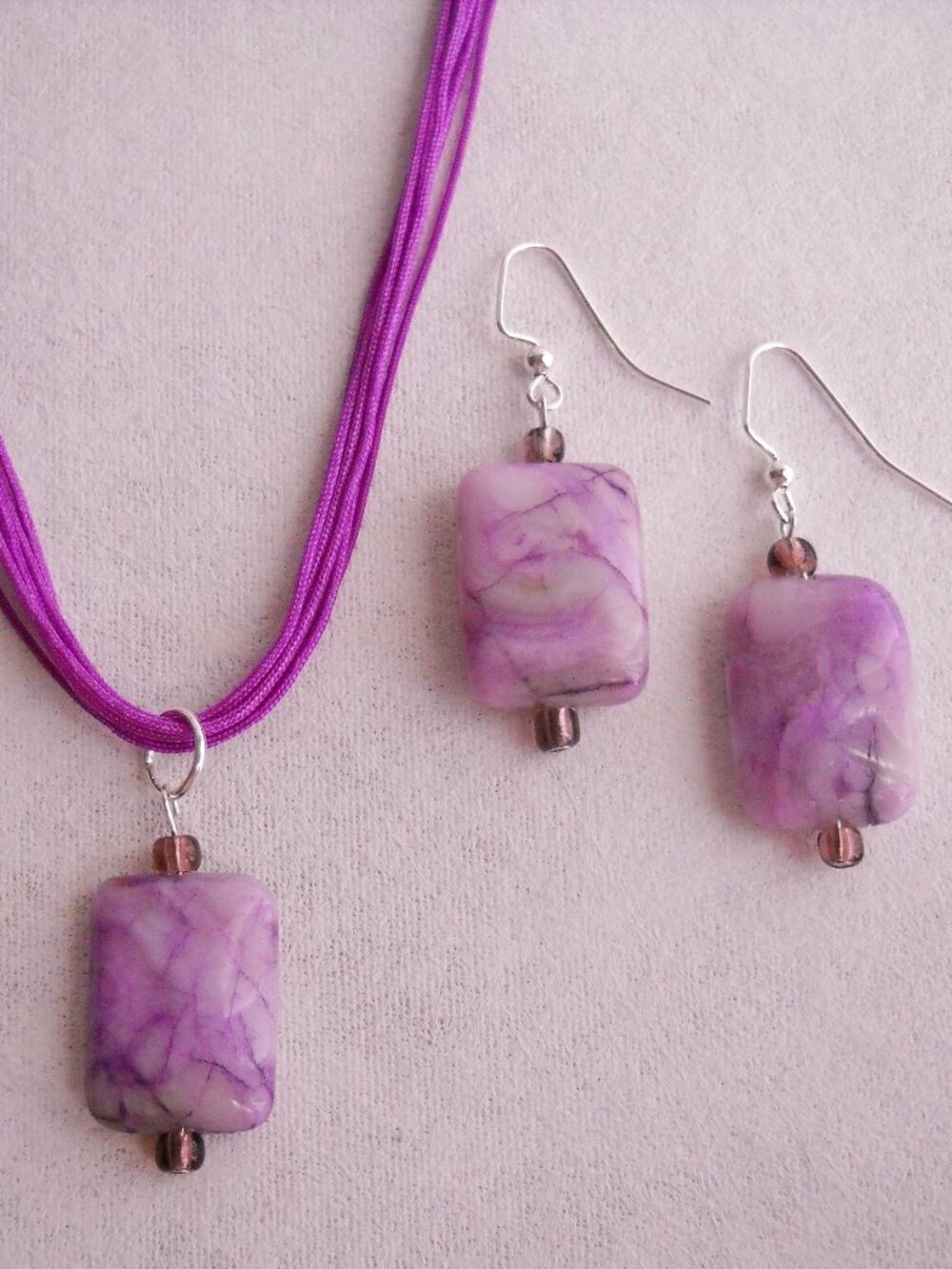 Plum Purple Ocean Jasper Earrings Necklace Set Handmade Beaded Gemstone Pierced